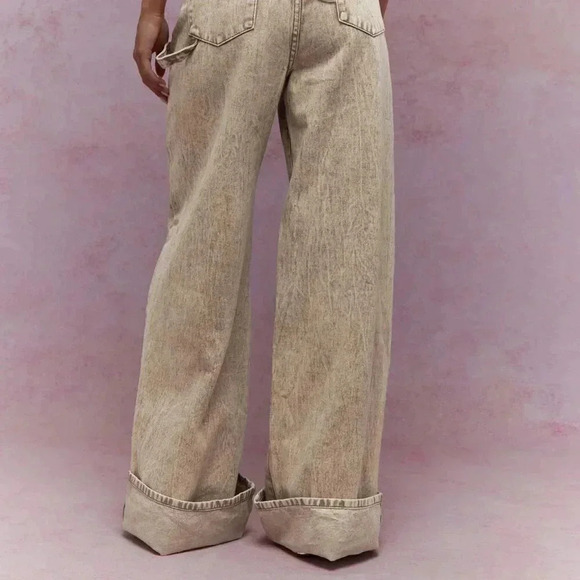 Khaki Casual Women's Washed Folded Hem Straight Leg Jeans - Picture 3 of 4